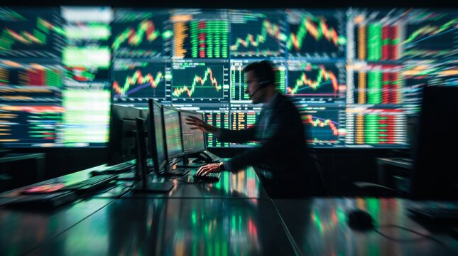 Trader Monitoring Stock Market Charts on Multiple Screens