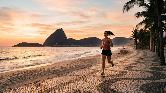 Woman Jogging on Beach at Sunrise with Mountain View