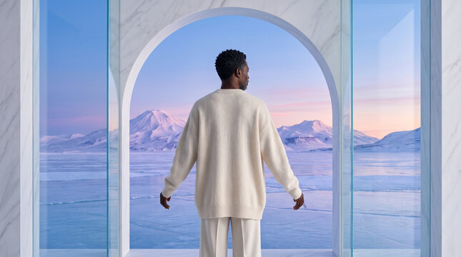 Man Gazing at Snow-Capped Mountains Through Arched Window