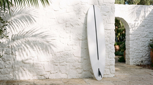 Surfboard Leaning Against White Brick Wall
