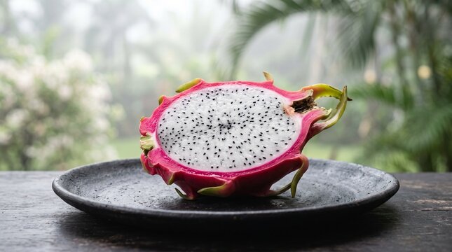 Dragon Fruit Cut in Half on Dark Plate