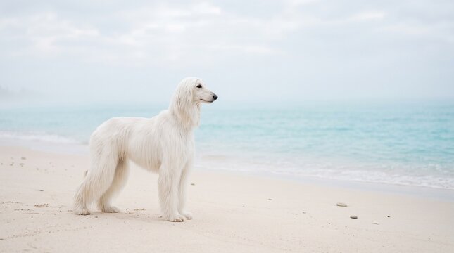 White Saluki Dog Standing on Beach by Ocean