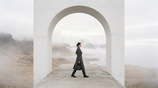 Woman Walking Through Concrete Arch in Misty Mountain Landscape