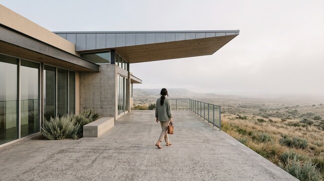 Woman Walking on Modern Desert Home Terrace