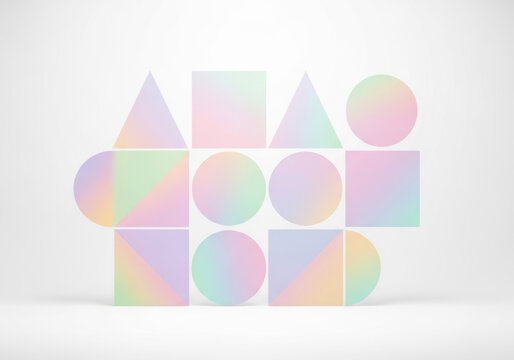Abstract geometric shapes with soft rainbow colors on white background