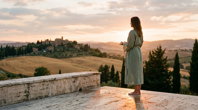 Woman Overlooking Tuscan Countryside at Sunset