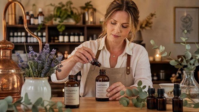 Professional Woman Artisan Preparing Organic Lavender Essential Oil in Apothecary Boutique Workshop