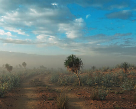 Yucca trees in an arid wide landscape under a sky with clouds during golden hour. 3D rendered image.