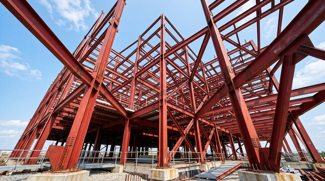 Massive red steel framework structure under construction at an industrial building site. Heavy metal beams and girders against a clear blue sky on a bright sunny day.