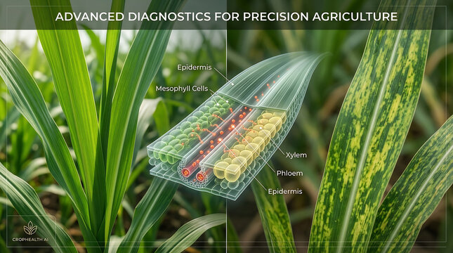 Sugarcane leaves serve as a visual background for an advanced diagnostics diagram that explains mesophyll cell activity and xylem transport systems to monitor crop vitality in precision agriculture.