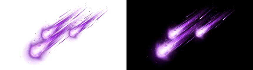 Purple meteor shower with glowing comet streak trails in PNG, Transparent and Black Background Versions for cosmic design projects © Crafter