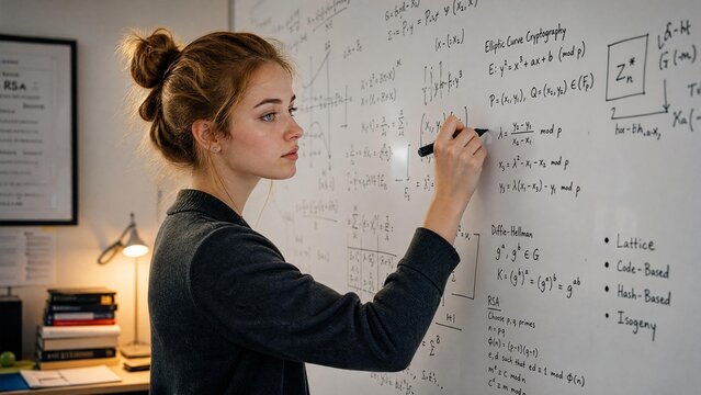 Intelligent Young Woman Solving Complex Mathematical Equations and Cryptography Formulas on Whiteboard