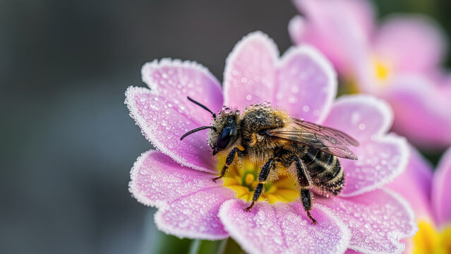 Honey bee on pink flower macro photography with morning dew drops ecology concept