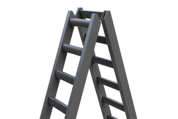 Isolated sturdy grey metal A-frame step ladder for home renovation and professional construction work © Oisin