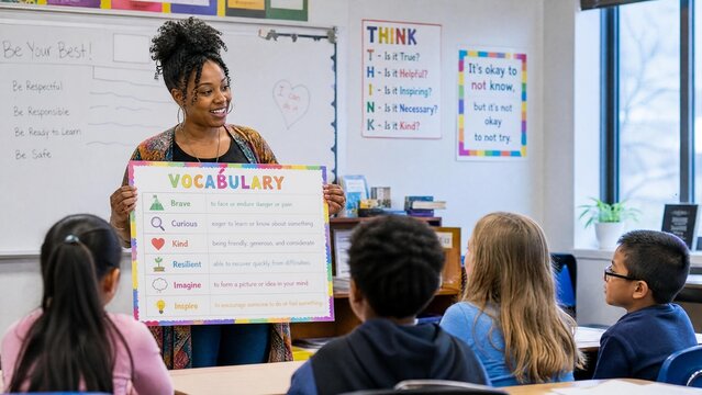 Smiling African American Teacher Showing Vocabulary Chart to Diverse Group of Elementary School Students in Classroom