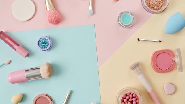 Close-up Cosmetic, Makeup products brush set, Eye shadow palette, Lipstick, Foundation. Make up Natural look. Skin Care Cosmetics. Concept of Lifestyle. High quality 4k footage