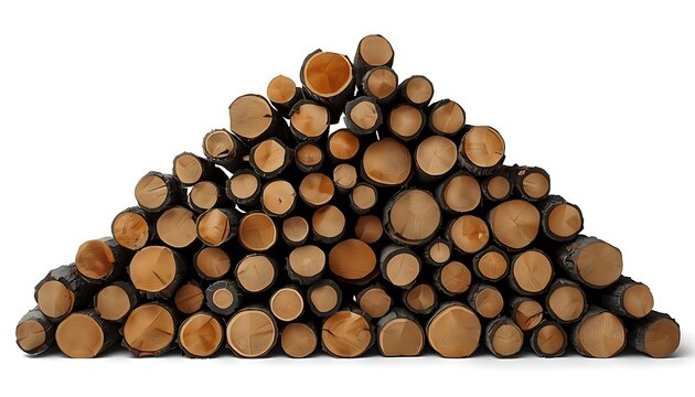 A neatly stacked pile of logs arranged in triangular pyramid shape, cylindrical sections showing circular cross‑sections of varying diameters, natural brown wood tones with visible grain patterns