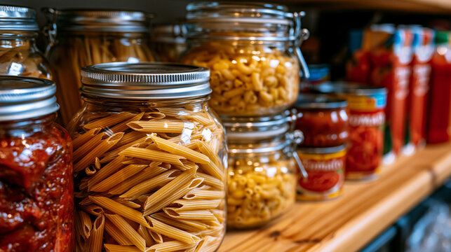 Collection of dried pasta varieties including spaghetti, penne, and macaroni displayed beside tomato sauce jars, canned tomato products, and tomato juice cartons, organized pantry essentials for lon