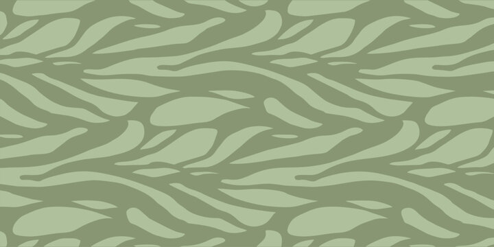 Abstract seamless organic zebra animal print pattern in sage green tones. Minimalist vector camouflage background for textile, fabric, and wallpaper design.