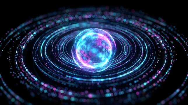 Abstract digital sphere with vibrant neon orbital rings and glowing light particles.