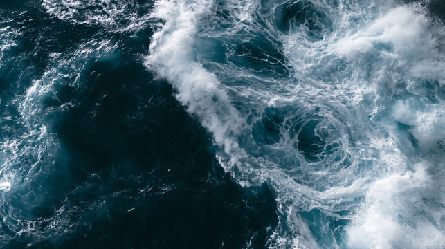 Aerial top down view of turbulent ocean waves creating white foam and a swirling whirlpool