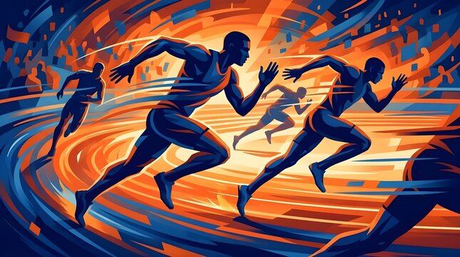 Abstract dynamic runners in motion with blue and orange colors.