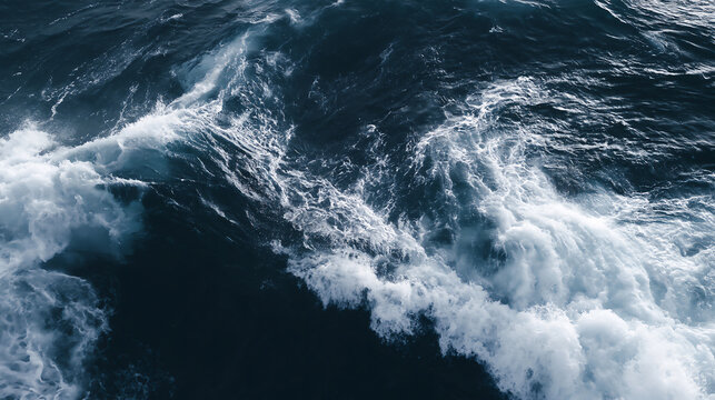 High angle shot of crashing ocean waves with dramatic white foam and deep blue water