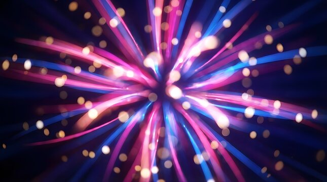 Abstract explosion of pink and blue glowing light streaks.