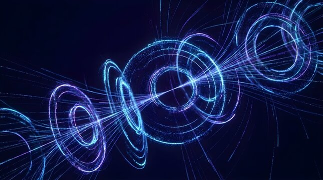 Abstract futuristic blue glowing digital data rings and tech connectivity lines.