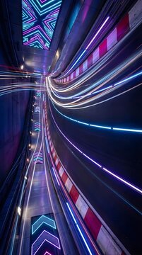 Abstract futuristic tunnel with vibrant pink and blue neon light trails.