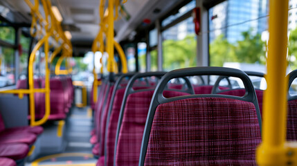 Fototapeta premium Empty urban bus cabin with burgundy passenger seats, yellow handrails, clean contemporary design, front to back perspective emphasizing symmetry, moving through downtown streets during daylight, tra
