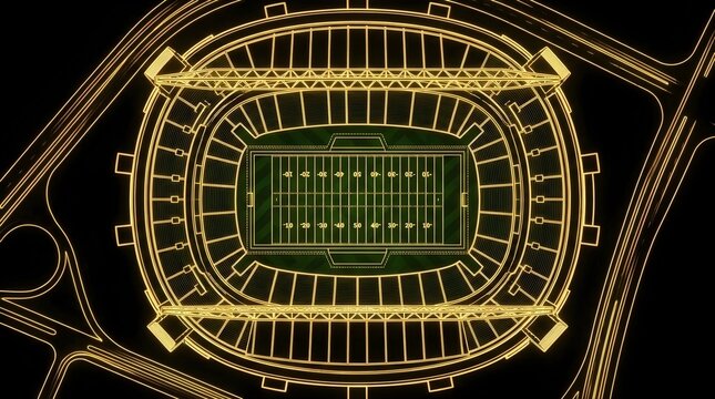 Aerial golden neon wireframe outline of an American football stadium.