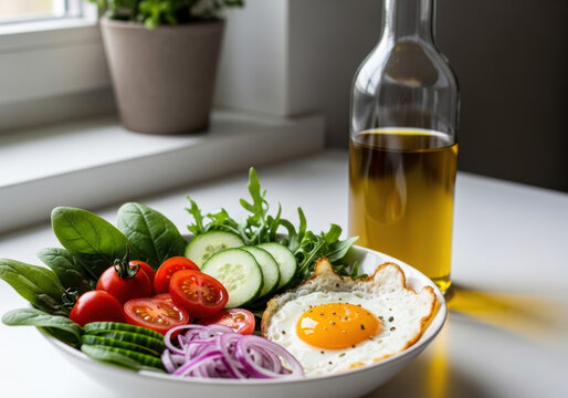 Fresh vegetable salad bowl with fried egg and olive oil on a table
