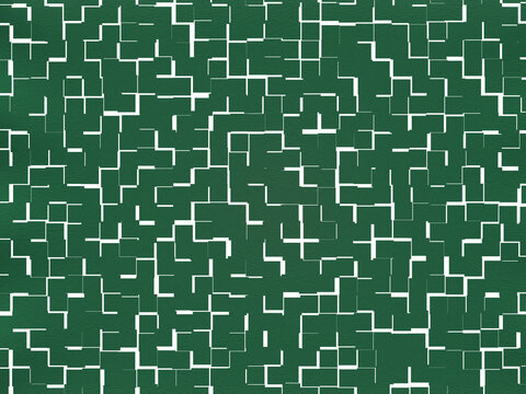 Abstract geometric pattern with interlocking white shapes on a dark green background