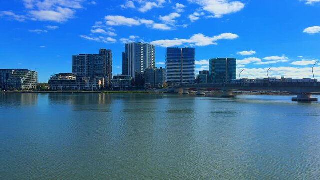 Panorama view of residential apartments on Parramatta River Rhodes Sydney NSW Australia
