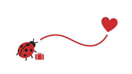 Cute ladybug with a suitcase traveling towards a red heart symbol. © Abhinaya Project