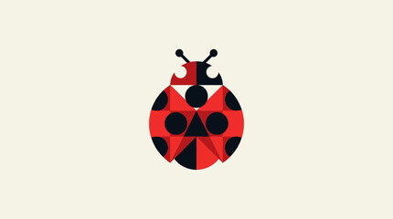Minimalist geometric illustration of a ladybug featuring red and black shapes on a light background. © Abhinaya Project