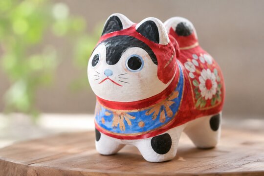 Traditional Japanese papier mache dog folk toy on wooden stand