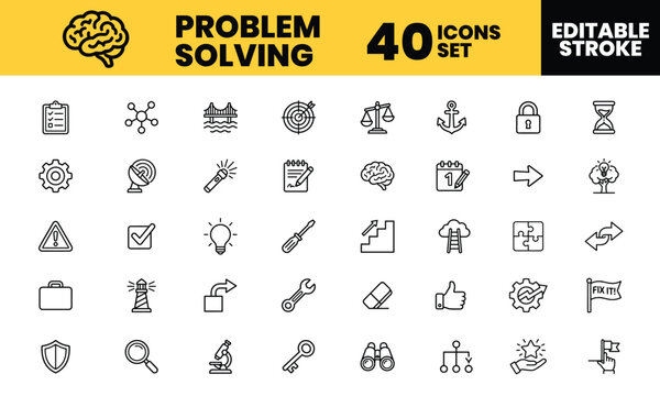 Large collection of forty linear problem solving icons displaying strategic tools for creative business solutions with a clean look.