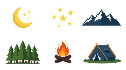 Camping icons: night sky, mountains, forest, campfire, and tent © Chor Ahmad