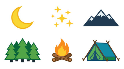 Camping icons set: moon, stars, mountains, forest, campfire, tent © Chor Ahmad