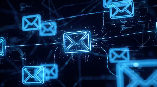 Abstract visualization of glowing blue email icons and data network connections representing digital communication and electronic messaging systems in a modern corporate setting