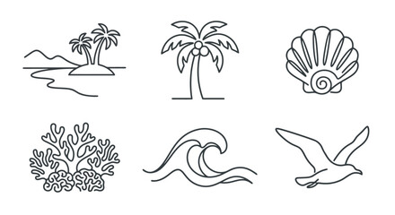 Tropical Island, Palm Tree, Seashell, Coral, Wave, Seagull - Minimalist Line Art Icons Set © Chor Ahmad