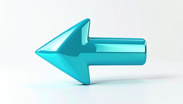 A glossy, metallic turquoise arrow points left on a white background