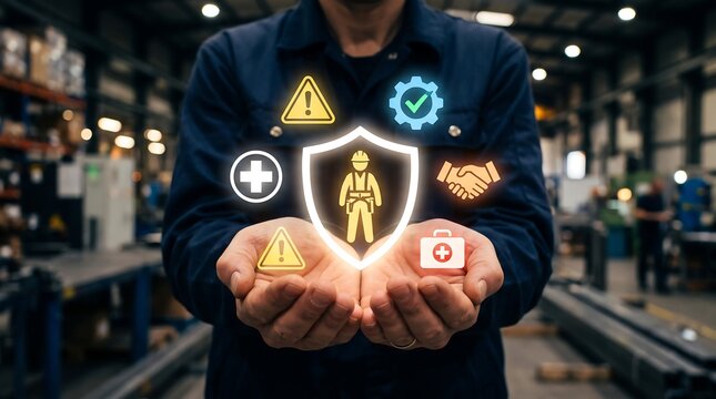 Professional industrial worker displaying glowing safety and risk management icons in palms to represent commitment to workplace health and professional hazard protection standards