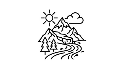 Obraz premium Mountain landscape line art with river, trees, sun and cloud, minimalist vector illustration