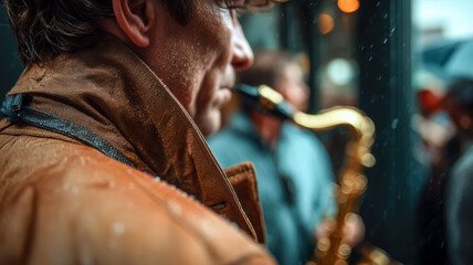 Naklejka premium Saxophonist plays in the rain, a melancholic urban serenade