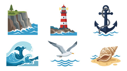 Obraz premium Nautical Icons: Lighthouse, Anchor, Waves, Seagull, Cliff, Seashell Collection