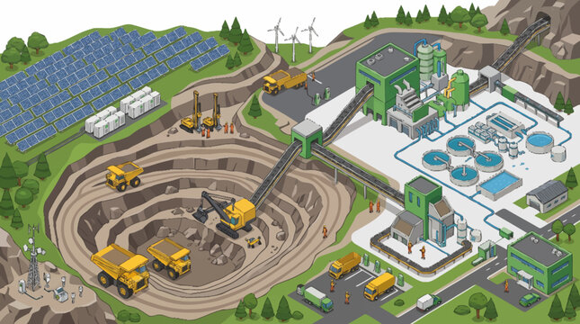 Industrial mining facility with renewable energy integration.