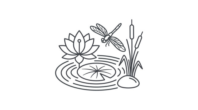 Line art illustration of a pond scene with lotus flower, dragonfly, and cattails.